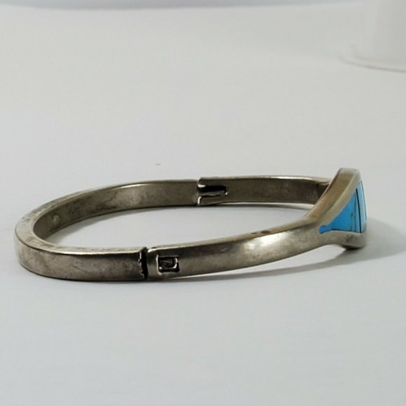 SOLD Sterling Silver Turquoise Inlaid Bracelet - Picture 5 of 12